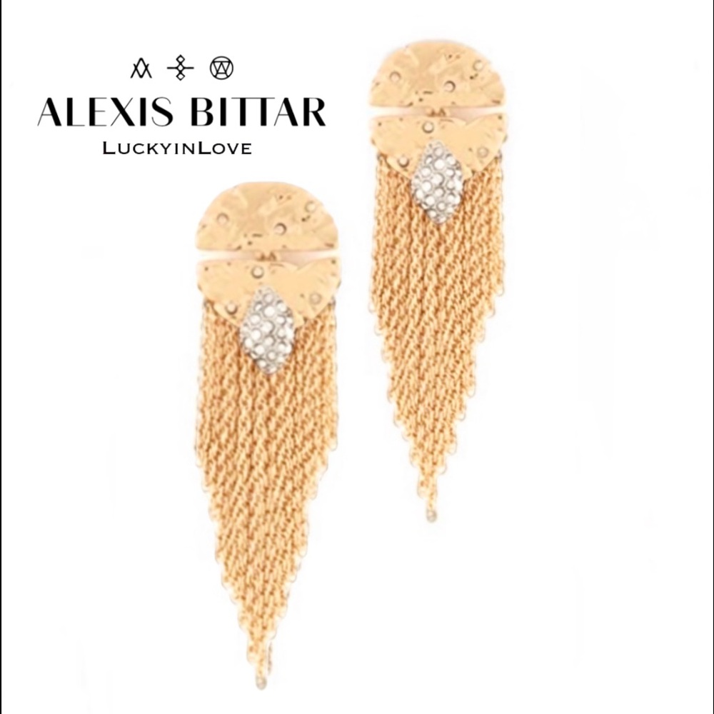 ALEXIS BITTAR • Gold Rocky Textured  Chain Fringe Crystal Drop Earrings